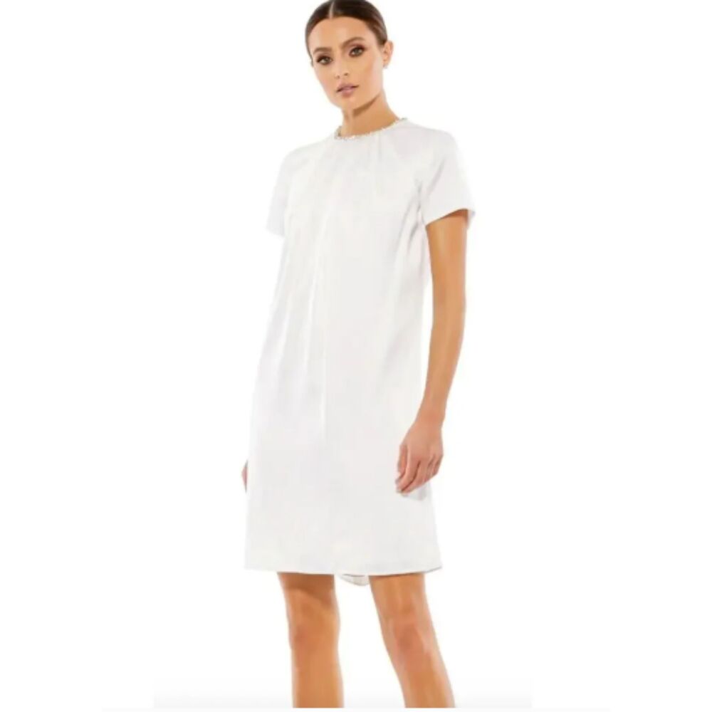 Ieena Mac Duggal 55698 White Crystal Neck Shift Mini Dress Size 2 NWT